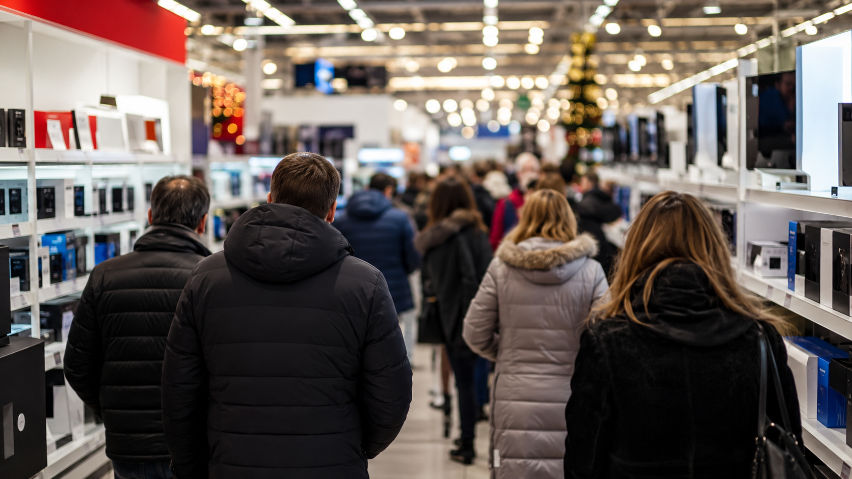 Allée high-tech d'un supermarché bondé pendant les fêtes, clients de dos, étagères et étiquettes floues.