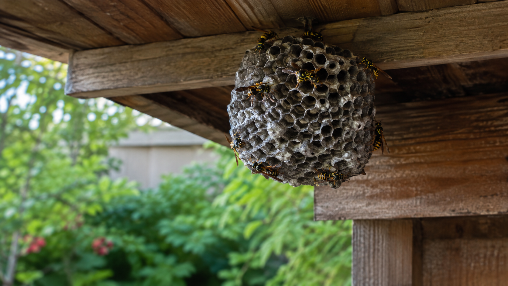 Nid de guêpes en papier gris suspendu sous le toit d’un abri de jardin, alvéoles hexagonales visibles