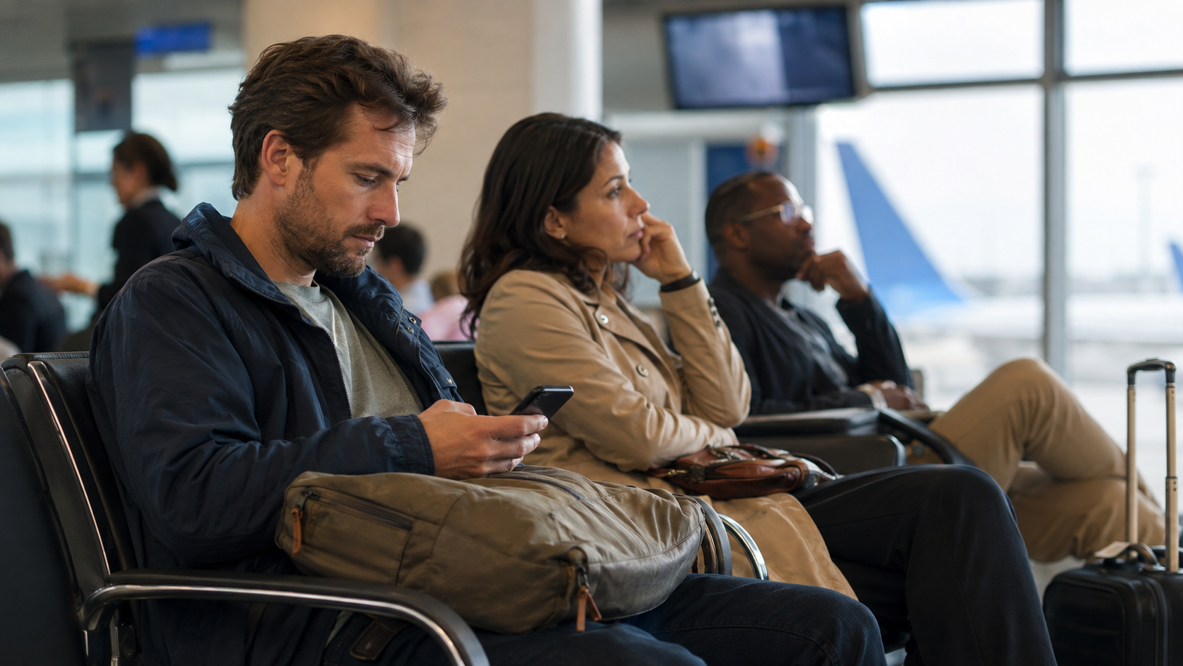 Des passagers patientent près d'une porte d'embarquement, l'un d'eux vérifie son téléphone pendant un retard de vol.