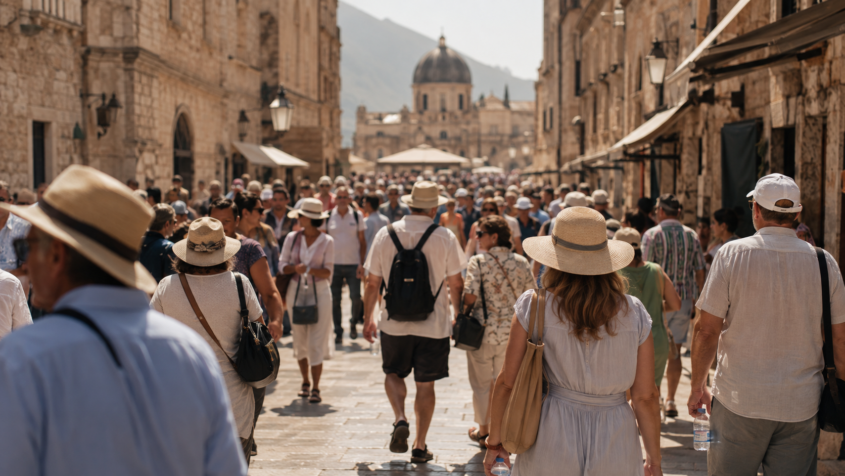 Une rue historique bondée de touristes sous un soleil de plein été, chapeaux et bouteilles d'eau à la main.