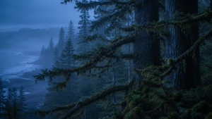 Forêt ancienne côtière avant l'aube, grands cèdres et larges branches couvertes de mousse dans la brume