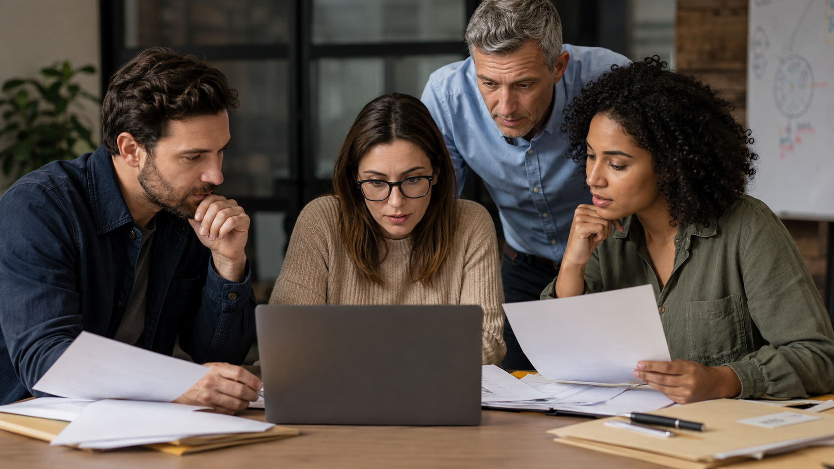 Une petite équipe de bureau examine des dossiers de candidature autour d'un ordinateur portable, visages génériques de face.