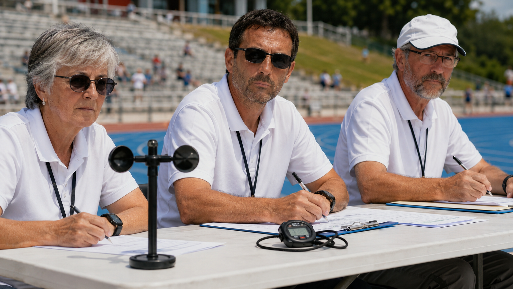 Officiels assis à la table de jury au bord de la piste d’un stade d’athlétisme français, anémomètre et chronomètre posés devant eux