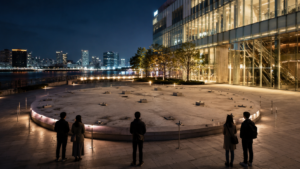 Socle d’exposition vide et éclairé sur une esplanade au bord de l’eau la nuit, devant la façade vitrée d’un centre commercial, quelques visiteurs vus de dos