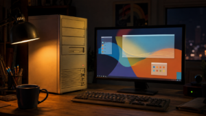 Bureau d’ordinateur la nuit, vieille tour beige à côté d’un écran plat affichant une interface graphique abstraite colorée, clavier mécanique et tasse de café, lumière chaude de lampe de bureau