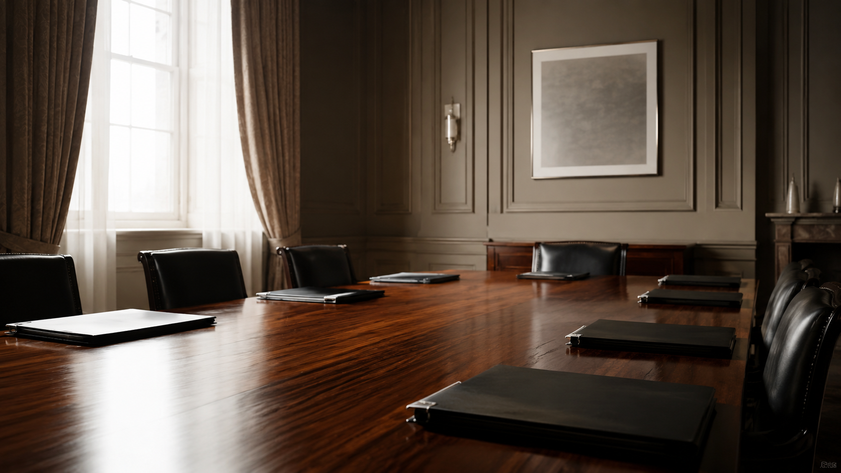 Salle de réunion administrative britannique vide, dossiers fermés posés sur une longue table en bois.
