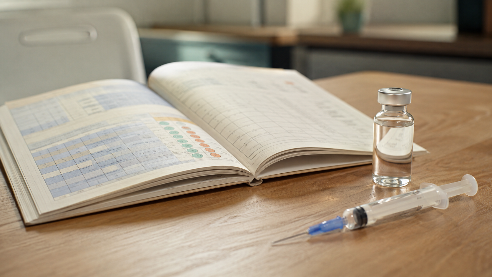 Carnet de santé de nourrisson ouvert à côté d'un flacon de vaccin et d'une seringue sur une table de cabinet médical, lumière du jour.