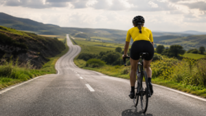 Une cycliste seule en maillot jaune roule sur une route de campagne vallonnée, vue de dos, sans aucun adversaire derrière elle.
