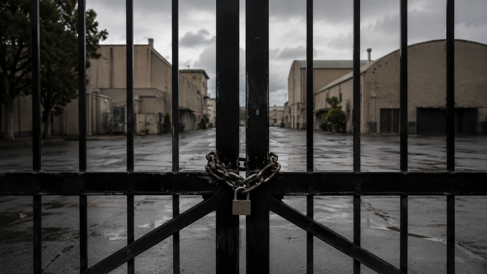 Grille cadenassée devant un backlot de studio de cinéma fermé, parking désert sous un ciel couvert.