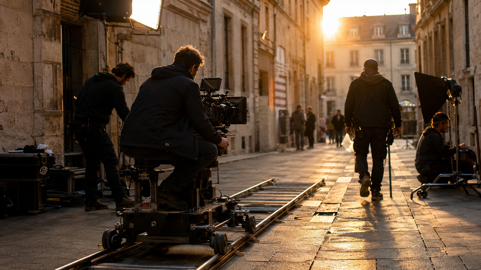 Équipe de tournage installée dans une rue pavée européenne à la lumière dorée, caméra sur rails et techniciens au travail.
