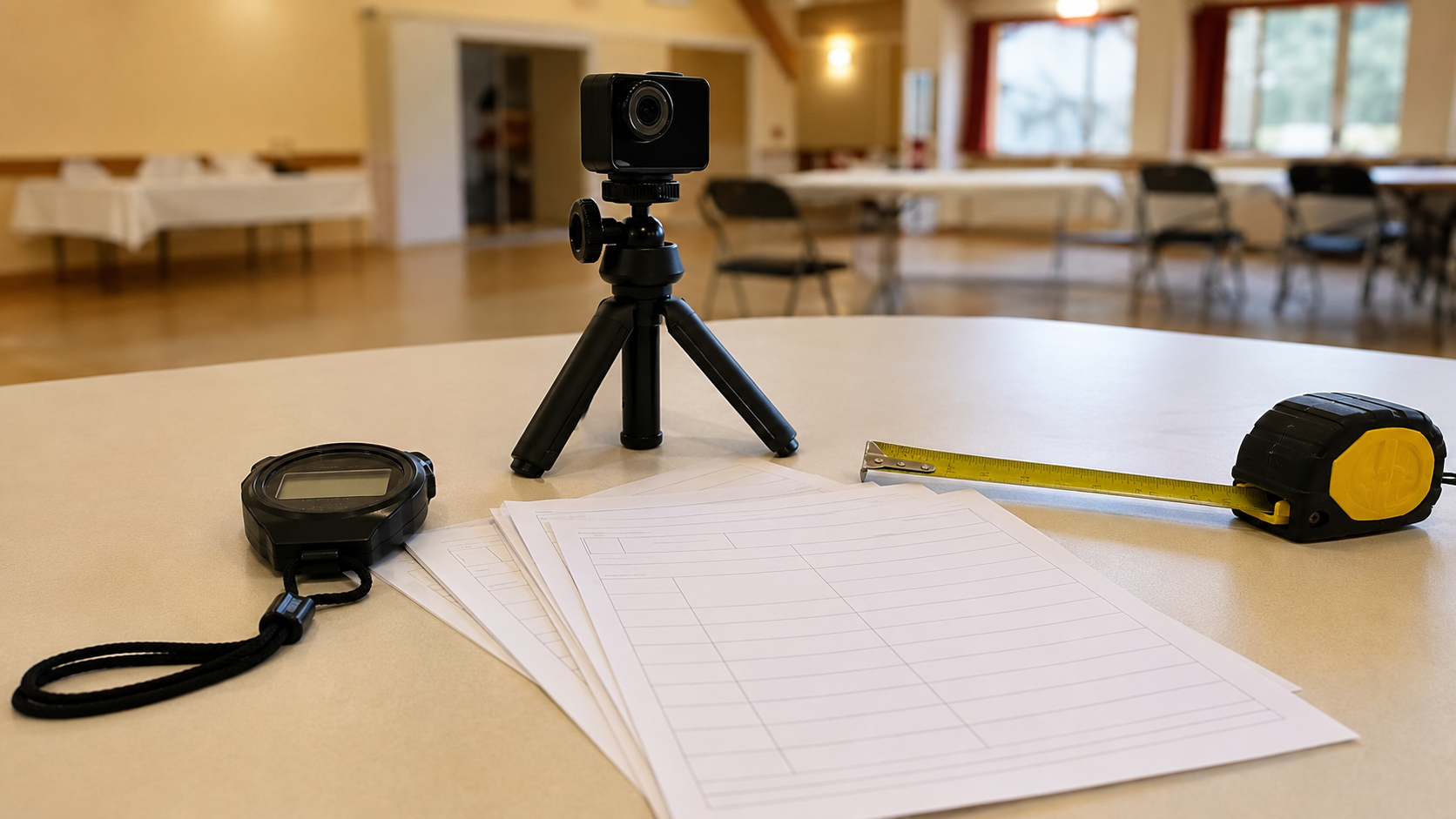Formulaires imprimés vierges, chronomètre, mètre ruban et petite caméra sur trépied posés sur une table de salle des fêtes.