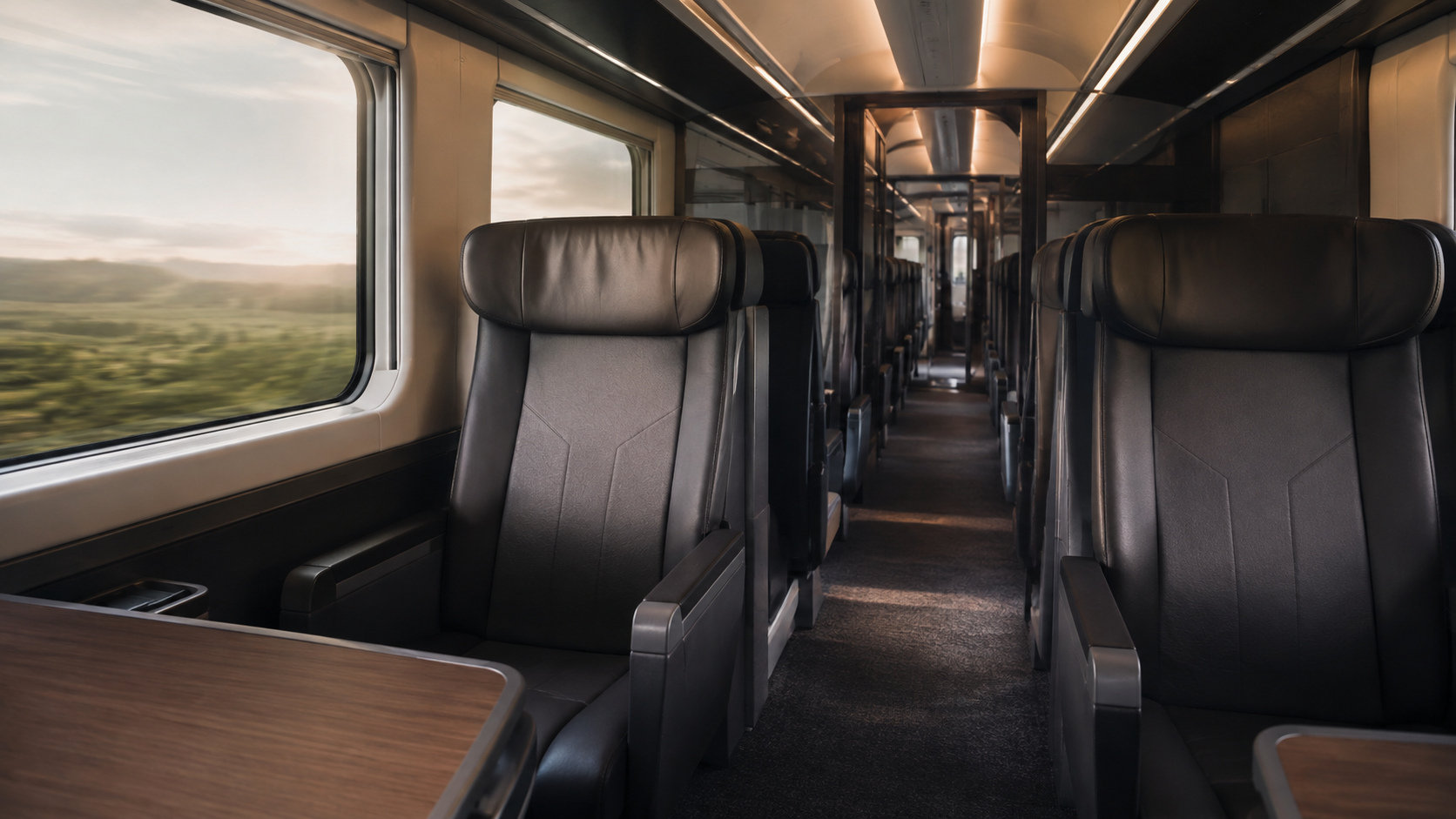 Interieur d'une voiture de train moderne vide, rangees de sieges, lumiere du jour douce par les fenetres, un siege cote fenetre inoccupe