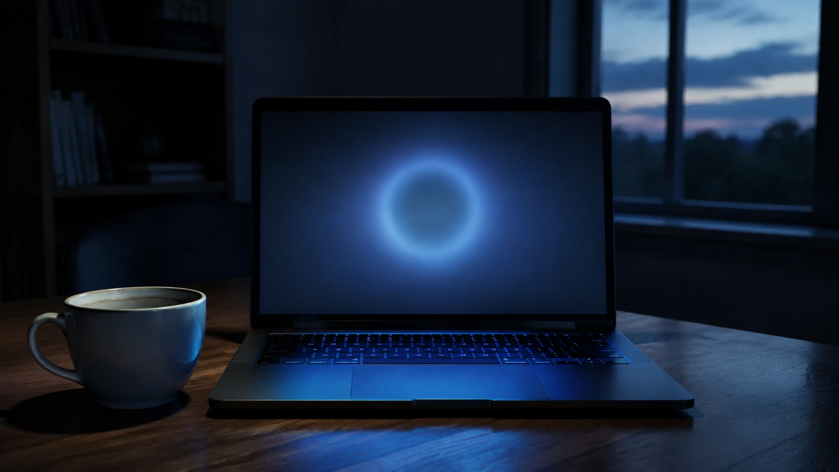 Un ordinateur portable posé sur un bureau la nuit, l’écran réduit à un halo de chargement, une tasse vide à côté.
