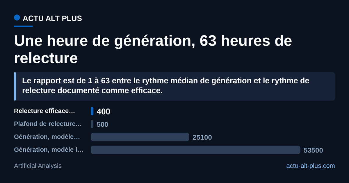 Au rythme de relecture documenté comme efficace (400 lignes par heure), une heure de génération continue par un modèle médian du marché représente 63 heures de relecture humaine. Limite : il s’agit d’un écart de rythme calculé en continu, pas d’une charge de travail observée en entreprise.