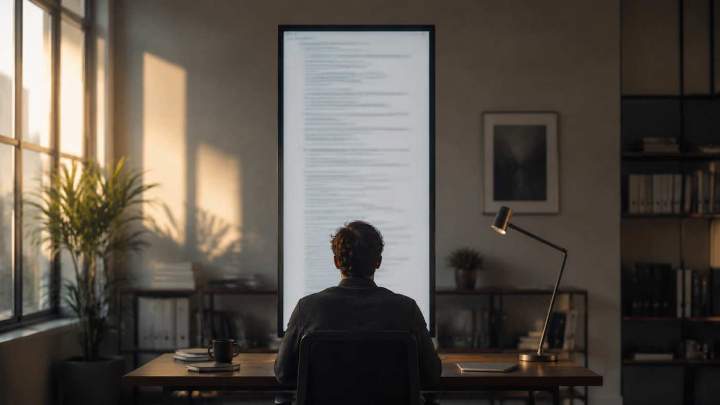 Une personne vue de dos devant un grand écran vertical où défile un document très long, dans un bureau éclairé en fin d’après-midi.