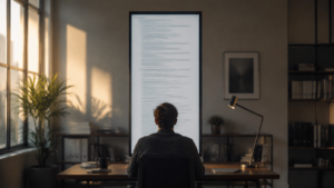 Une personne vue de dos devant un grand écran vertical où défile un document très long, dans un bureau éclairé en fin d’après-midi.