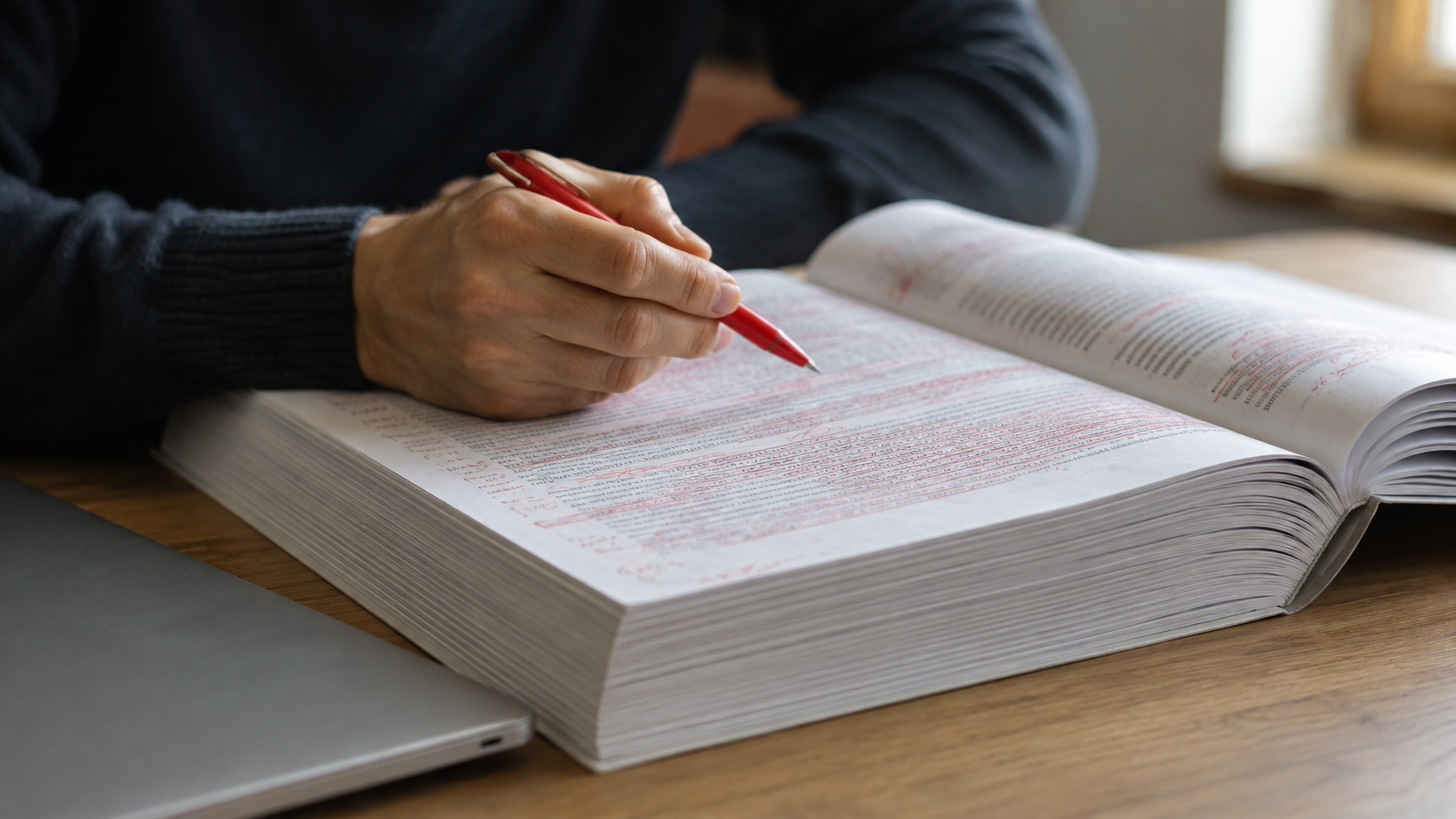 Une main tenant un stylo rouge posée au milieu d’un épais document imprimé, à côté d’un ordinateur portable fermé.