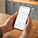 Mains tenant un smartphone affichant une interface de discussion générique, à une table de cuisine avec un carnet et un café.