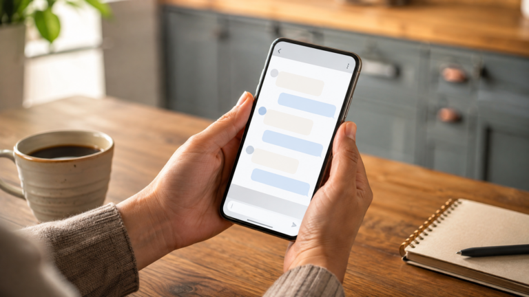 Mains tenant un smartphone affichant une interface de discussion générique, à une table de cuisine avec un carnet et un café.