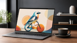 Un écran d'ordinateur portable affiche des formes vectorielles colorées évoquant un oiseau sur un vélo, posé sur un bureau en bois près d'une tasse de café.