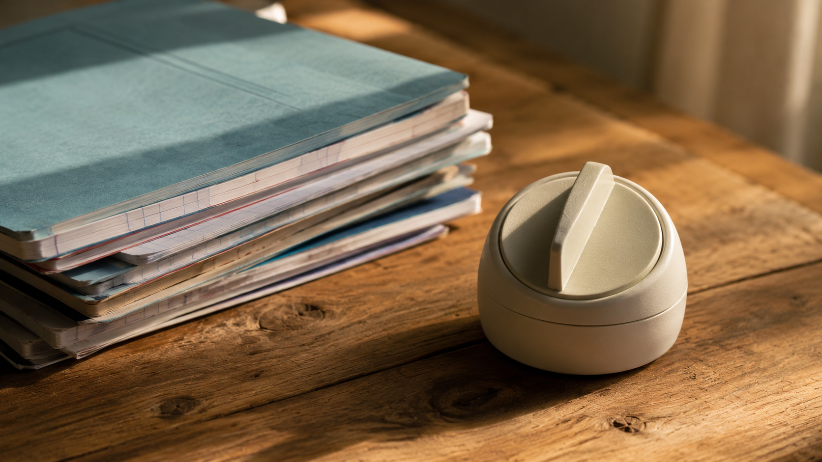 Gros plan sur un minuteur de cuisine posé à côté d’une pile de cahiers d’exercices sur une table en bois, lumière douce de fin de journée.