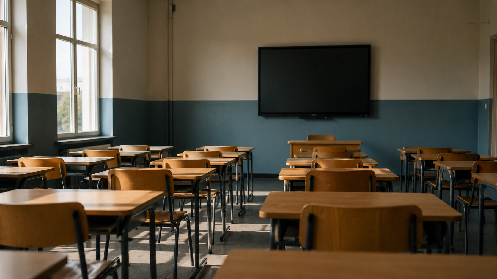 Salle de classe vide aux rangées de tables en bois, tableau numérique éteint au fond, lumière du matin par de hautes fenêtres.
