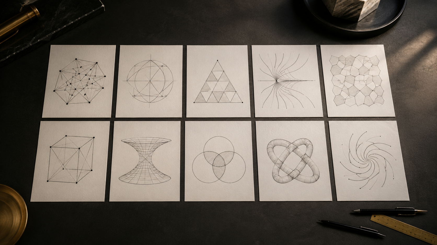 Dix fiches disposées en grille sur un bureau sombre, chacune portant un croquis géométrique abstrait évoquant un domaine mathématique différent.