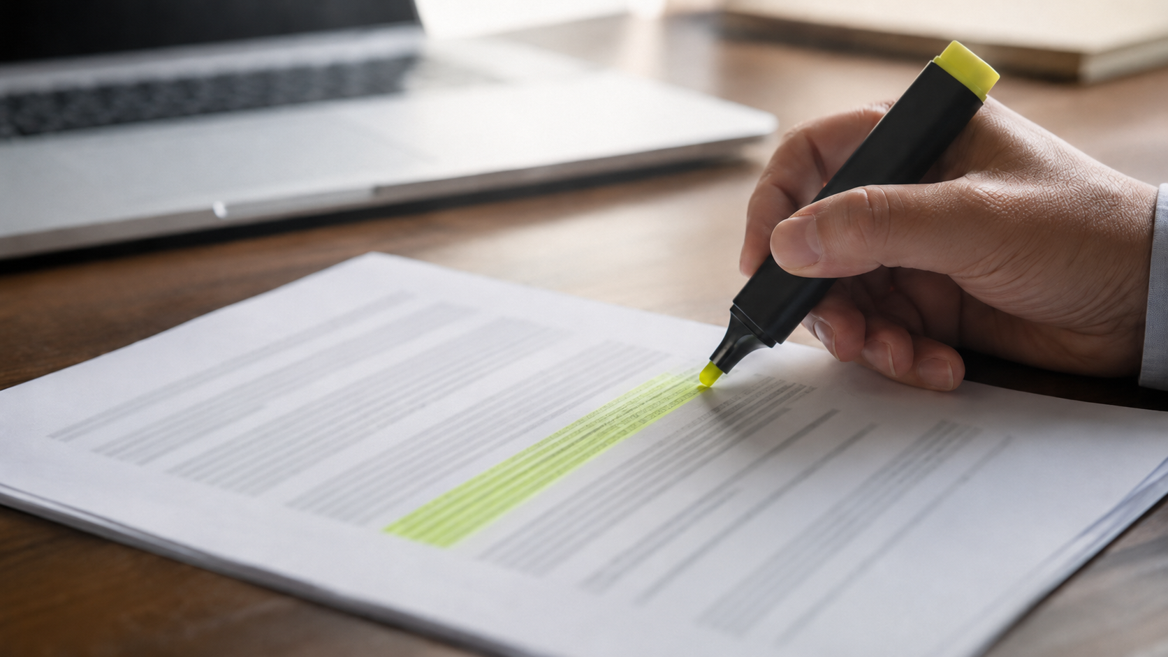 Une main surligne un paragraphe d’un document juridique imprimé posé sur un bureau, un ordinateur portable flou à l’arrière-plan.