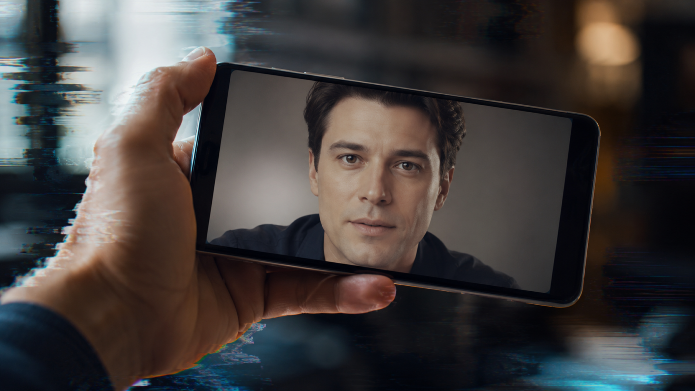 Une main tient un smartphone affichant une vidéo en pause d'un visage générique un peu trop lisse, avec de légères déformations numériques autour des doigts.