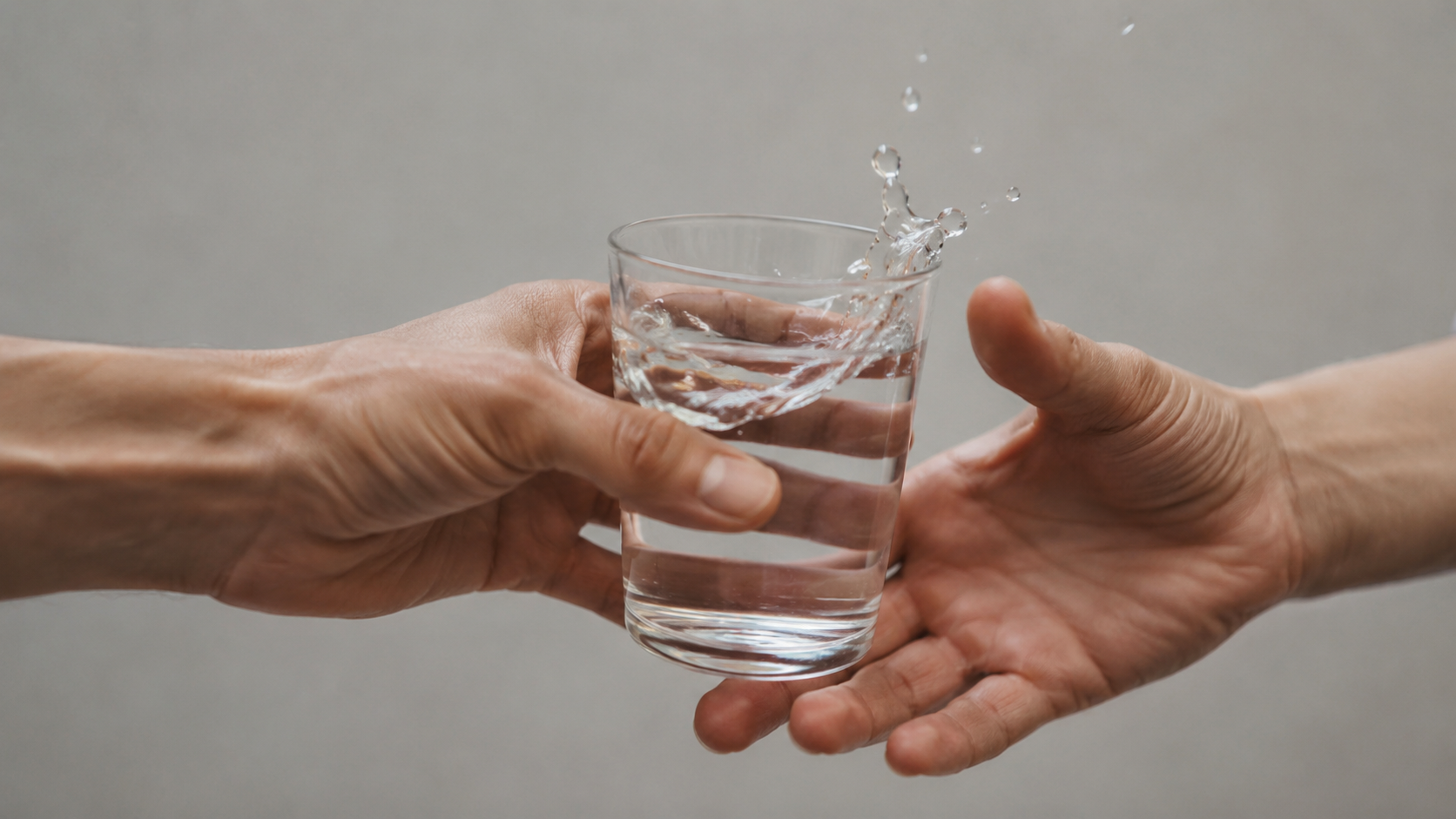 Macro de deux mains se passant un verre d'eau, mouvement légèrement anormal, léger flou et doigts déformés, eau figée en plein éclaboussement.