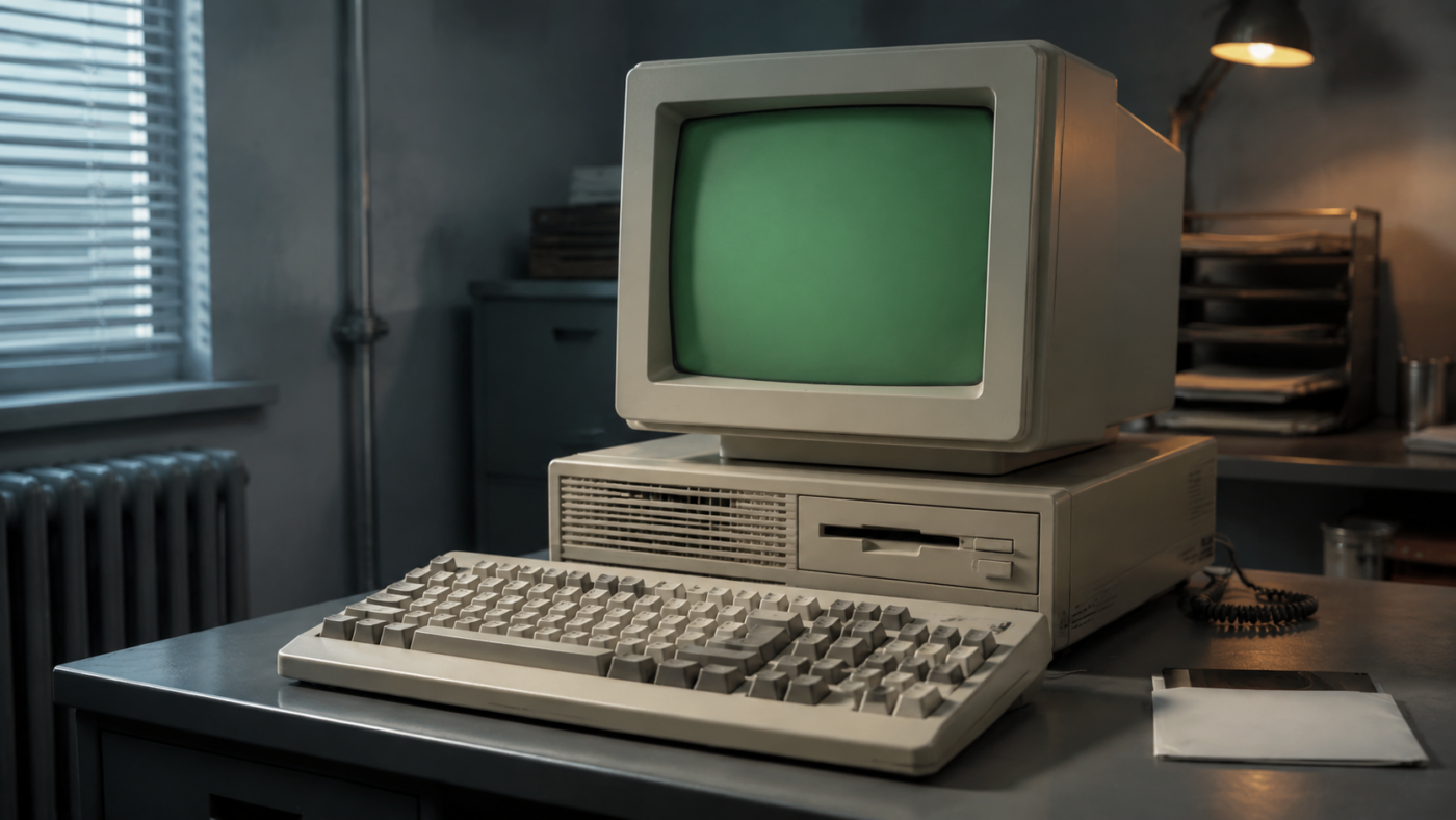 Un ordinateur de bureau beige du début des années 1980, moniteur monochrome posé sur le boîtier et clavier épais devant, sur un bureau gris