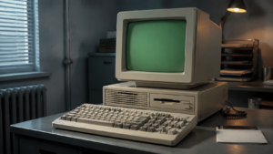 Un ordinateur de bureau beige du début des années 1980, moniteur monochrome posé sur le boîtier et clavier épais devant, sur un bureau gris
