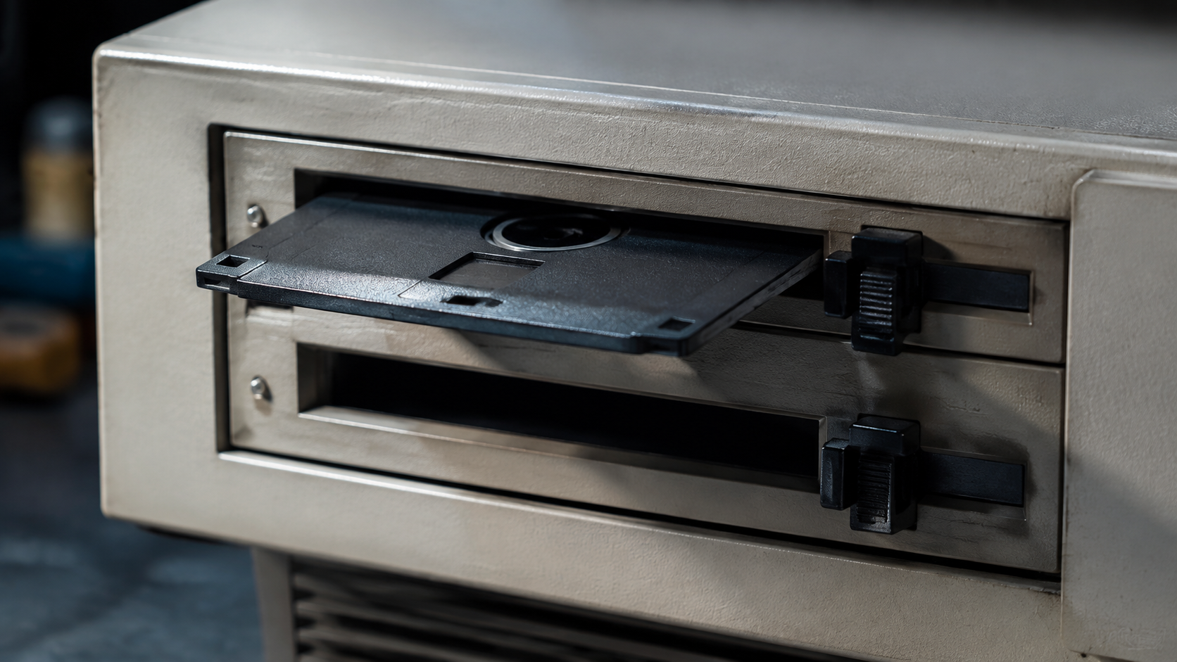 Gros plan de la façade beige d'un ordinateur des années 1980, une disquette 5,25 pouces engagée dans le lecteur, levier ouvert.