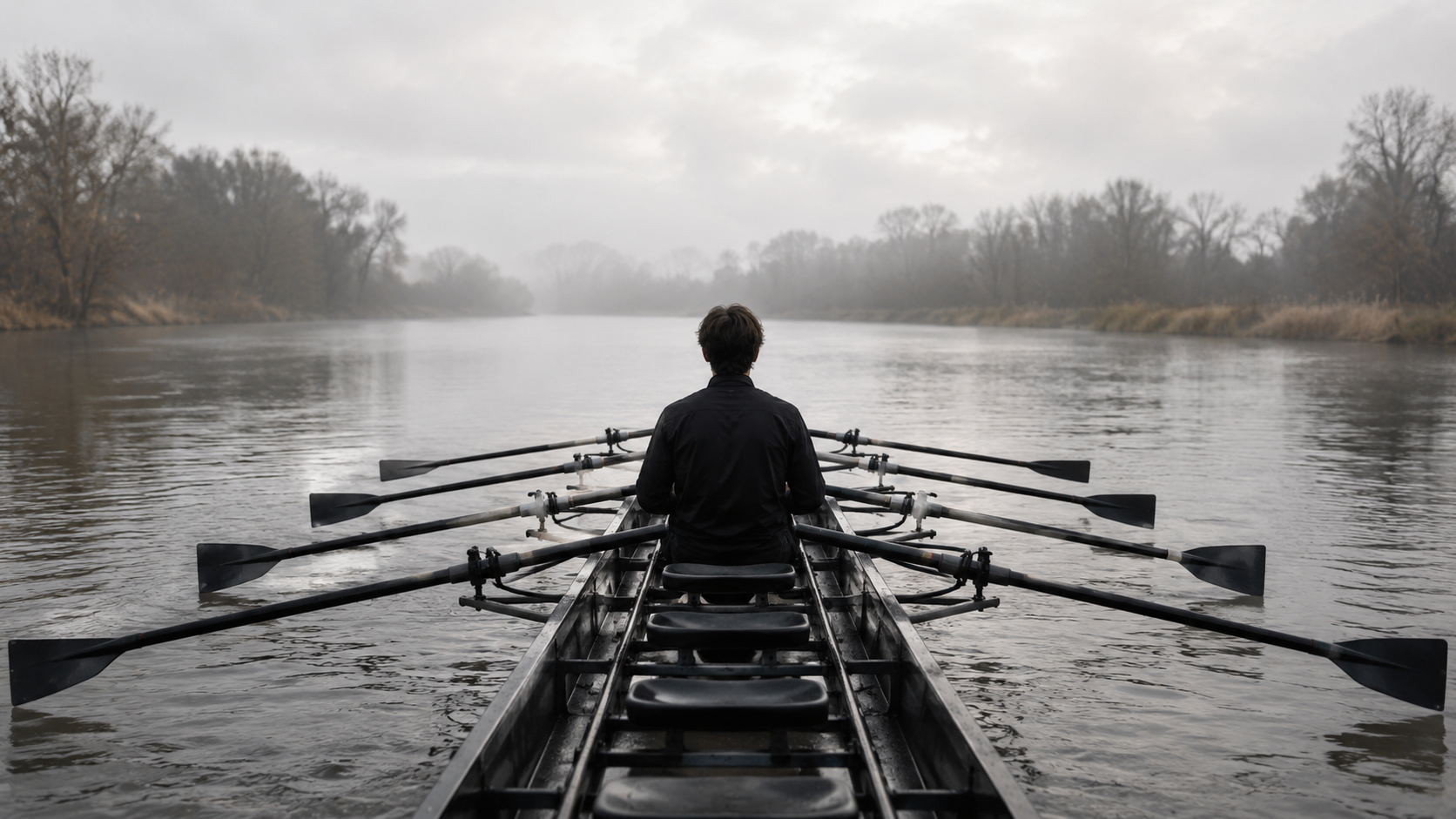 Un rameur vu de dos, seul dans un bateau d’aviron huit places sur une rivière grise, sièges vides autour de lui