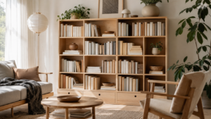 Bibliothèque claire en bois garnie de livres dans un salon scandinave baigné de lumière douce, rideaux légers en arrière-plan