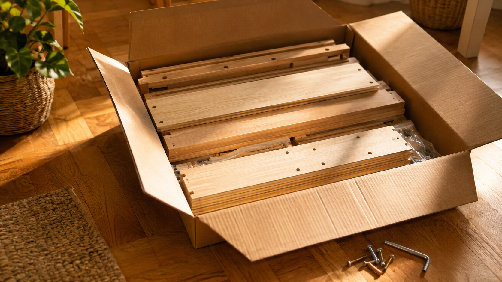 Carton de meuble en kit ouvert sur un parquet, clé Allen et vis posées au sol dans une lumière chaude de fin de journée