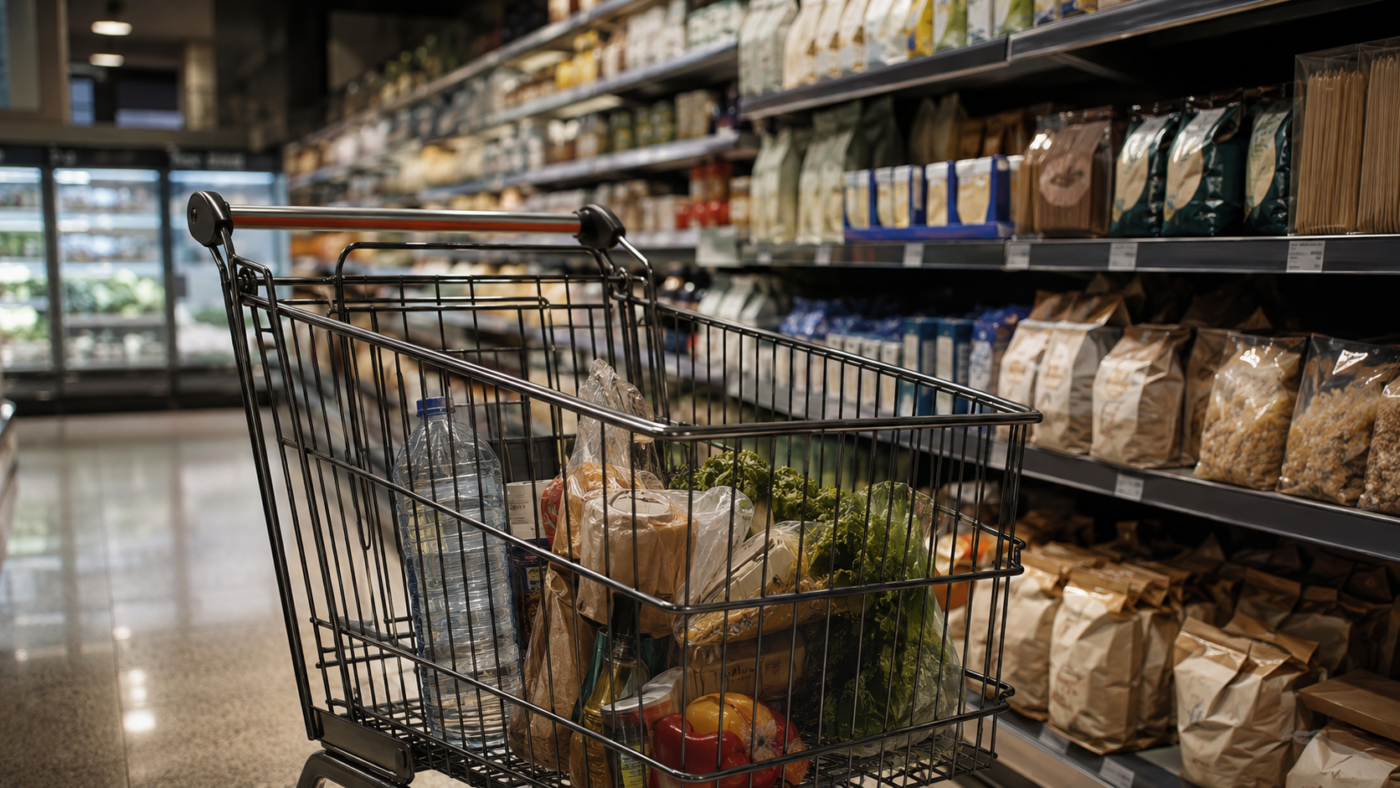 Chariot de courses à moitié rempli dans un rayon de supermarché français, sans visage ni texte lisible