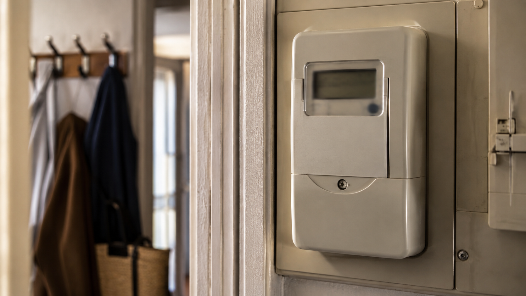 Compteur électrique résidentiel en gros plan dans l'entrée d'un logement français