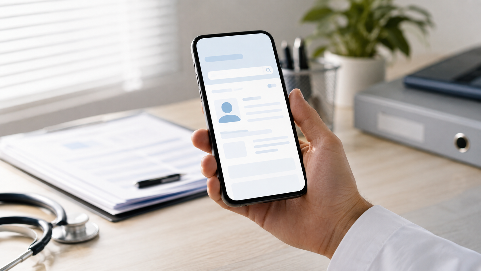 Une main tient un smartphone affichant la recherche dans un annuaire officiel de professionnels de santé, posé sur un bureau clair.