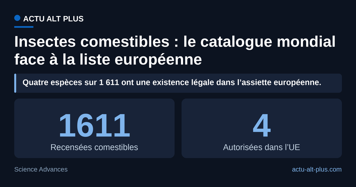 Le droit européen autorise 4 des 1 611 espèces recensées comestibles, soit 0,25 % du catalogue mondial. Limite : les 1 611 espèces décrivent un potentiel alimentaire mondial, pas une consommation effective ni une liste de candidates à l’autorisation.