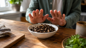 Des mains d’adulte hésitent au-dessus d’une petite coupelle blanche de grillons grillés, sur une table de cuisine en bois éclairée par une fenêtre.