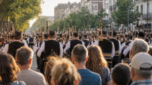 Défilé de sonneurs de cornemuses en costumes bretons dans une avenue de Lorient, vu de derrière une foule de spectateurs de dos