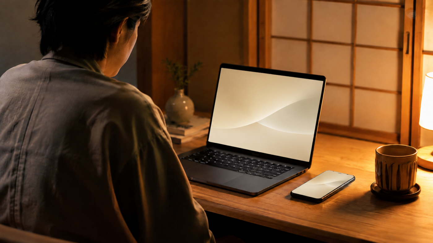 Une personne fait un don en ligne depuis un ordinateur portable et un smartphone posés sur un bureau en bois, dans un intérieur japonais, lumière chaude du soir.