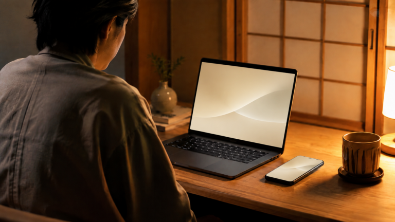 Une personne fait un don en ligne depuis un ordinateur portable et un smartphone posés sur un bureau en bois, dans un intérieur japonais, lumière chaude du soir.