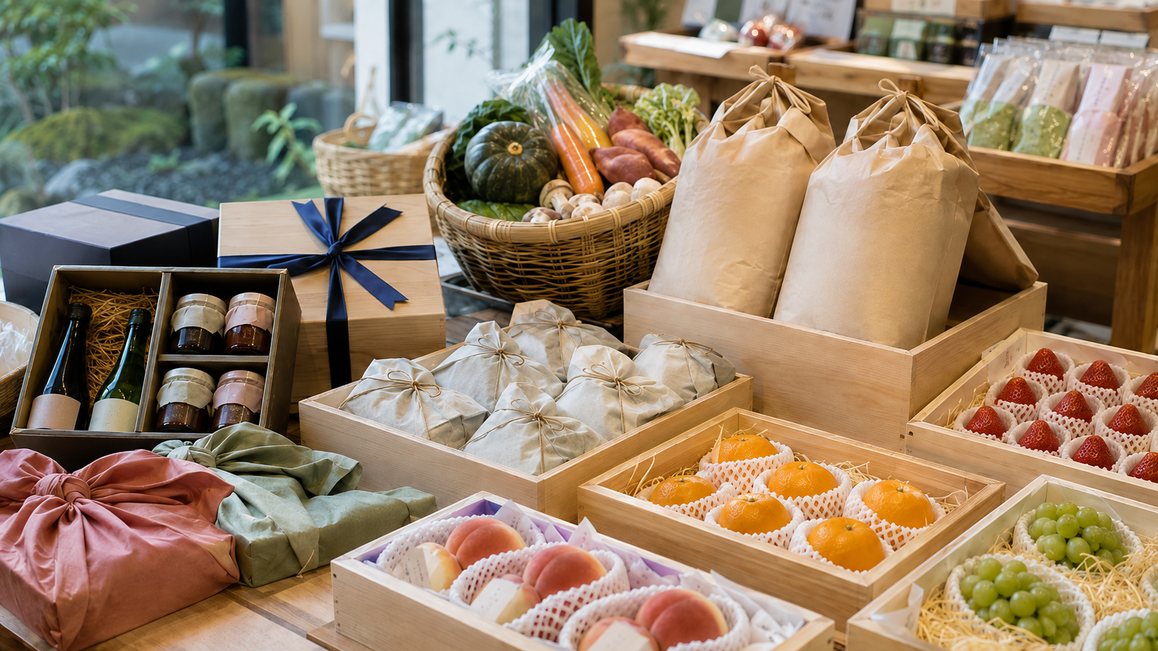 Coffrets de produits régionaux japonais, fruits emballés et sacs de riz disposés sur un étal, lumière naturelle.