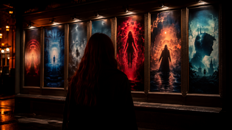 Silhouette de dos face à un mur d'affiches de cinéma mêlant esthétique fantastique et super-héros, la nuit.