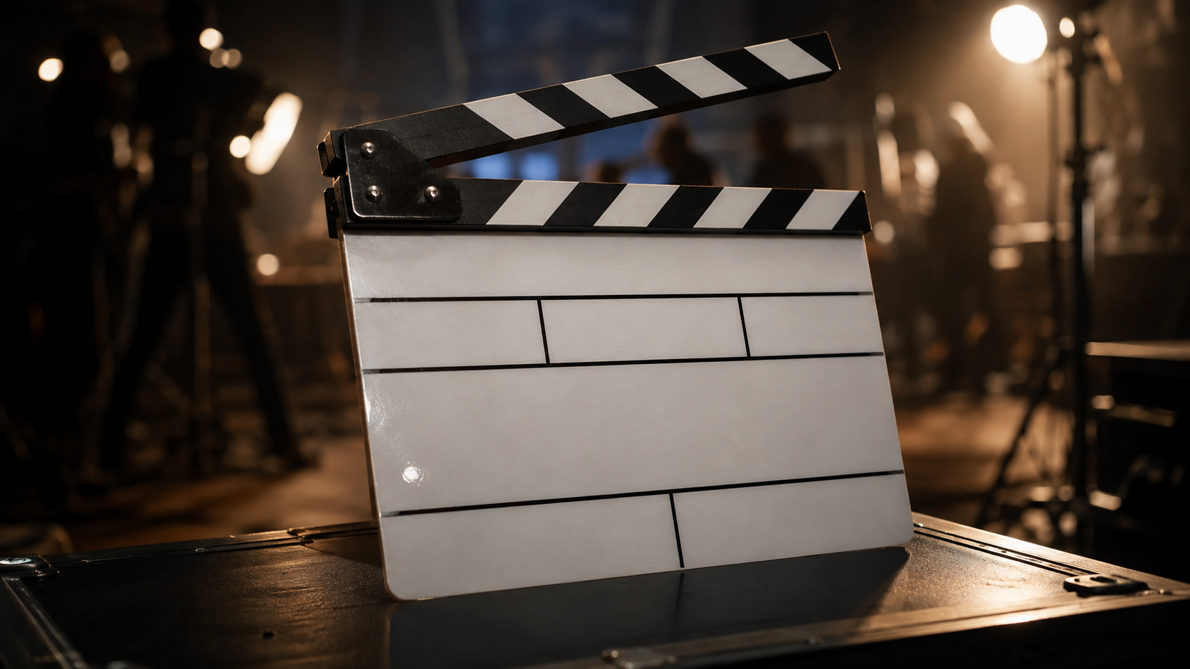 Clapperboard de tournage en gros plan, plateau flouté à l'arrière-plan sans visage identifiable.