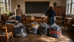 Ancienne salle de classe de village transformée en point de collecte, cartons et sacs de vêtements empilés sur des tables en bois, deux bénévoles de dos.