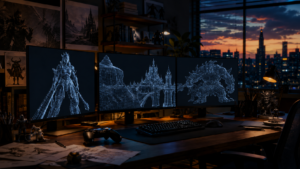 Un poste de travail de studio de jeu vidéo au crépuscule : trois écrans affichent des modèles 3D en fil de fer, une manette est posée sur le bureau, personne n'est assis devant.