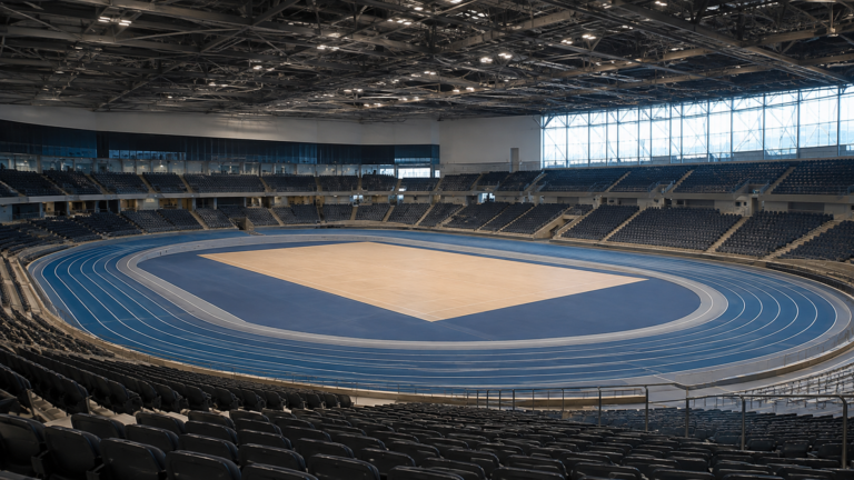 Grande arène multisports moderne vue depuis des gradins vides, avec une piste d'athlétisme et une aire de compétition, sans public ni athlètes